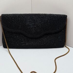 Walborg Vintage Black Beaded Clutch Evening Bag Gold Chain Strap Formal Purse
